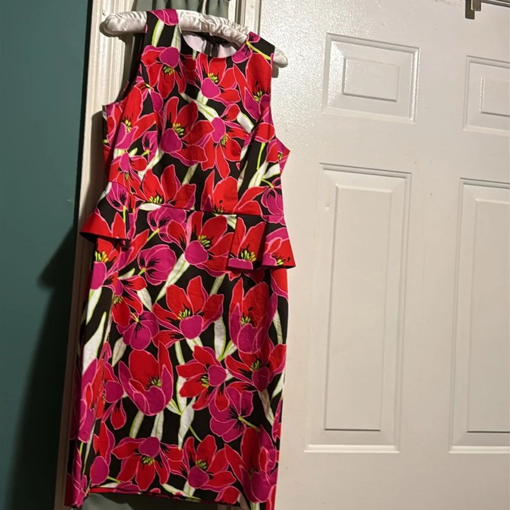 KATE SPADE Sz 14 RIO SLEEVELESS PEPLUM DRESS SHEATH Floral TROPICAL RED/PINK. - Picture 13 of 16